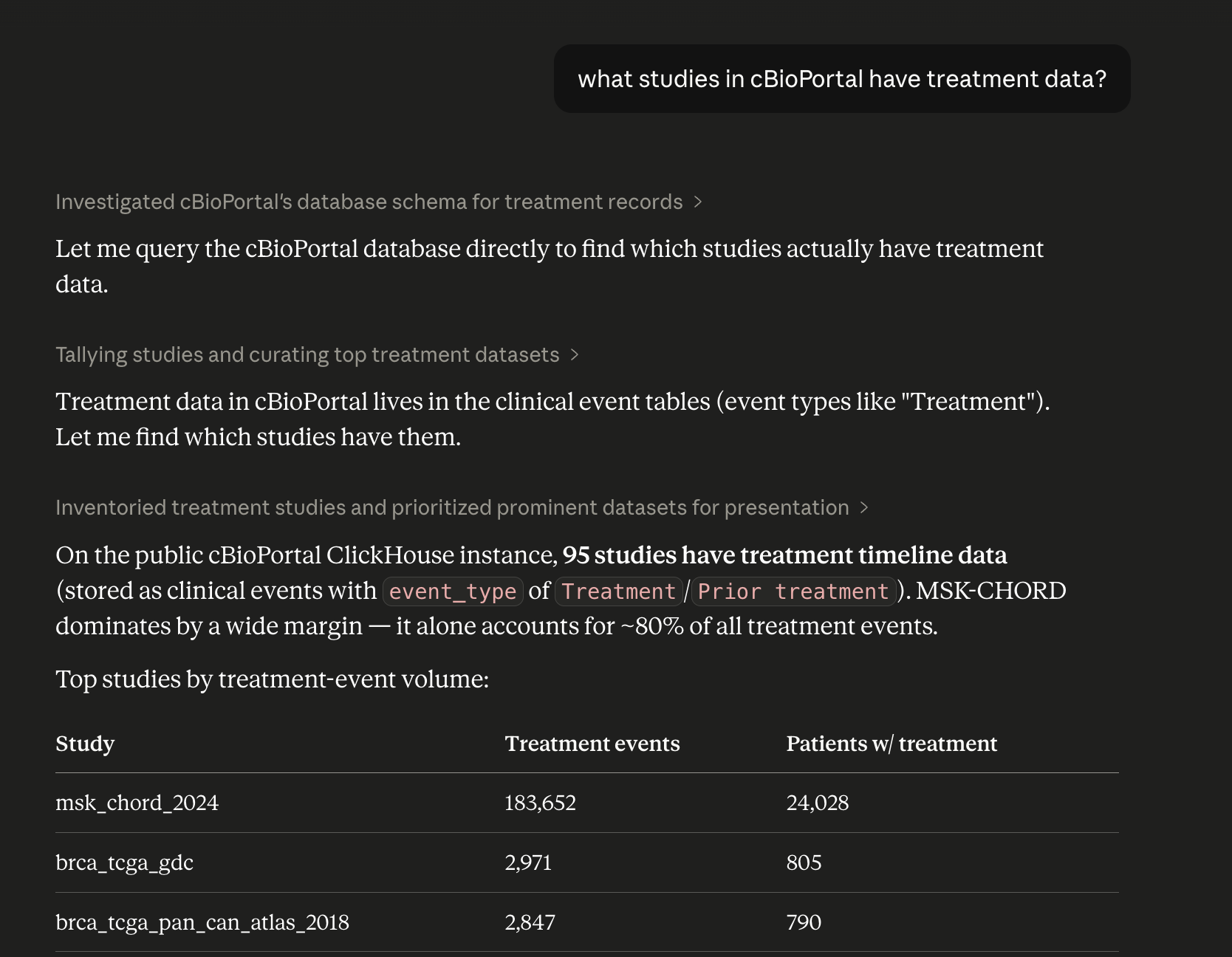 MCP demo — treatment data query