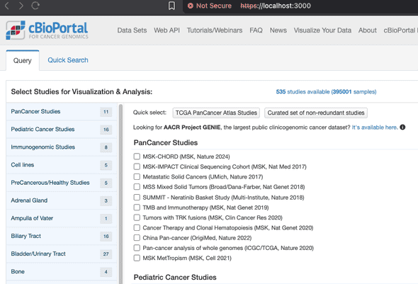 cBioPortal homepage running on localhost